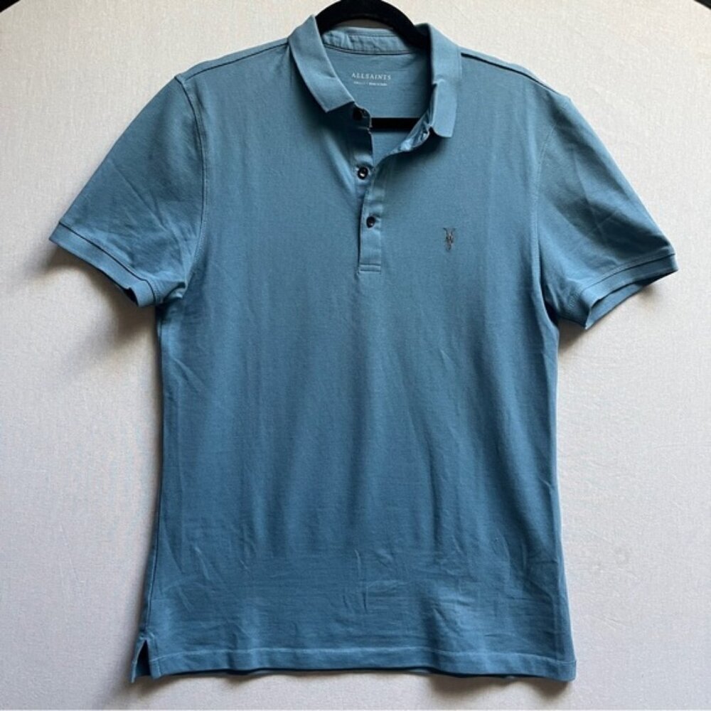 AllSaints Reform Polo Shirt Sz S Light Blue Ramskull Embroidery